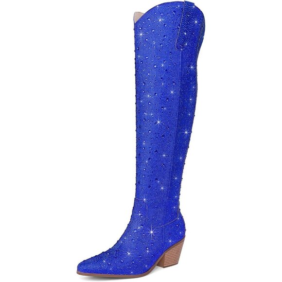 Women Blue Faux Leather Sparkly Bling Rhinestone Over the Knee Cowboy Boots - Picture 1 of 9
